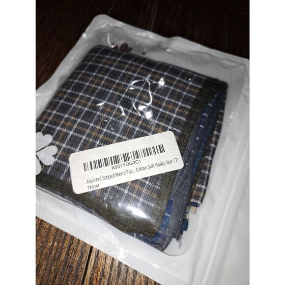 New 3 Pack Assorted Striped Check Mens Pocket Cotton Hankies Pocket Squares NWT - Picture 2 of 2